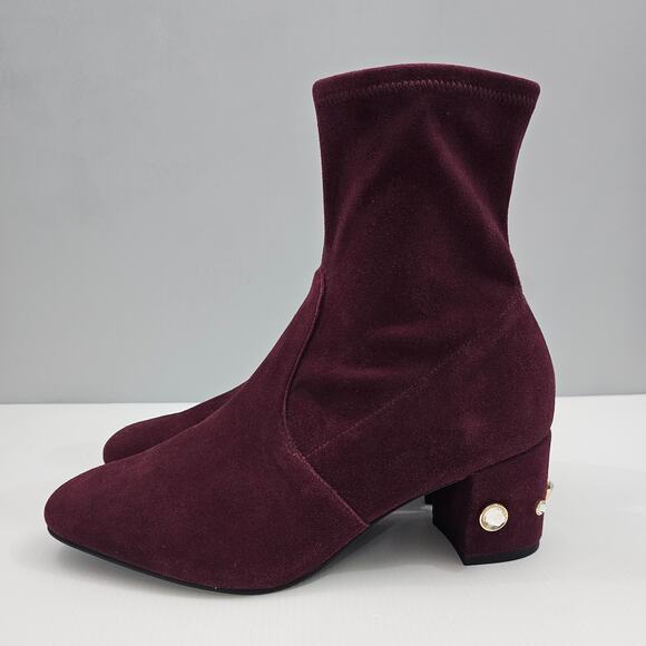 NEW Stuart Weitzman Allshine Ankle Bootie Size 10 Wine Red Suede Sock Jewel Heel - Picture 1 of 14